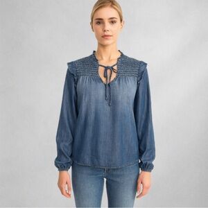 Cloth & Stone Women’s Blouse S Smocked Ruffle Top Tencel Long Sleeve Boho Denim